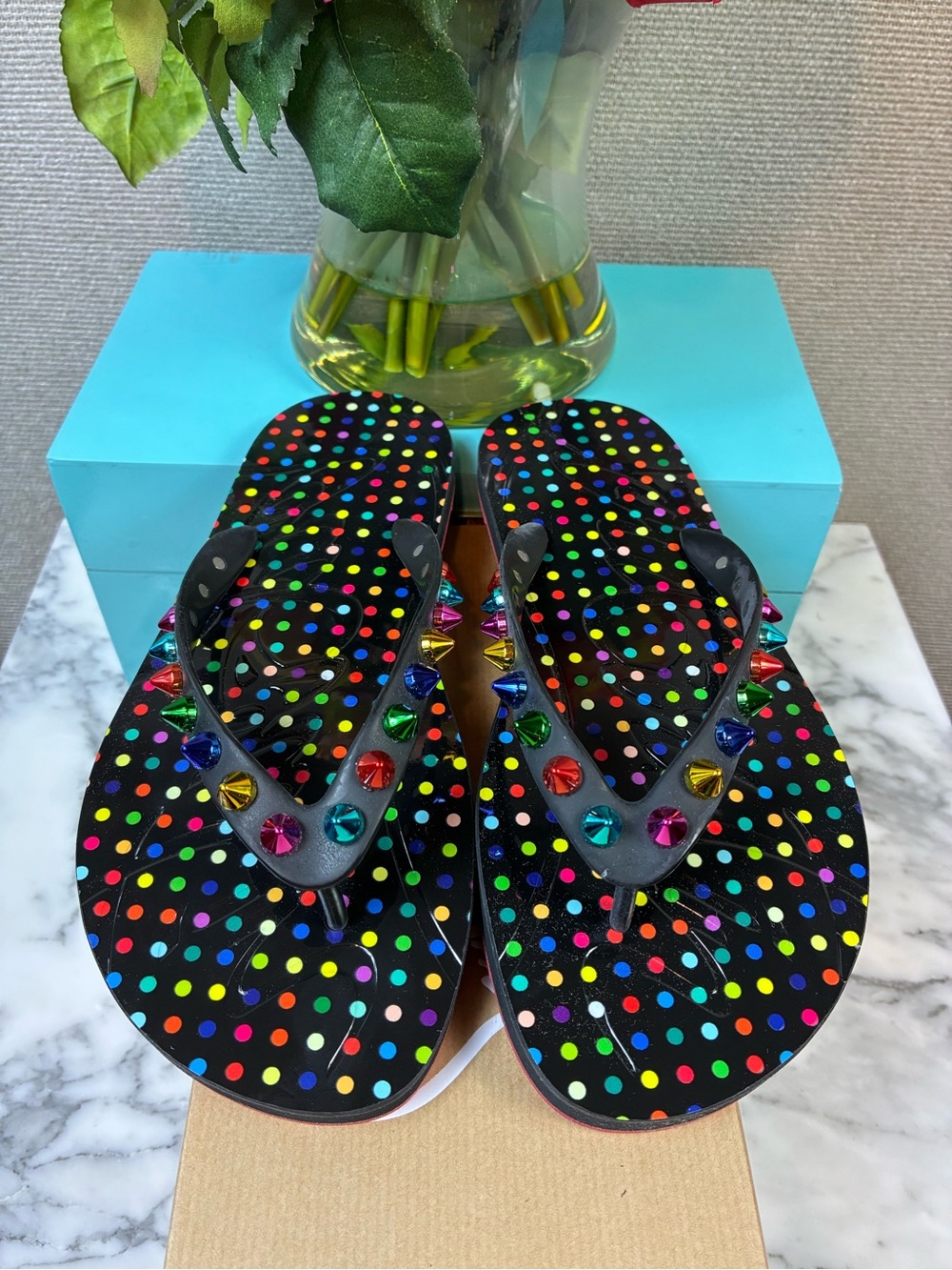 Christian Louboutin Black Multicolor Donna Spike Flip Flops EU 36 - US 6 NIB
